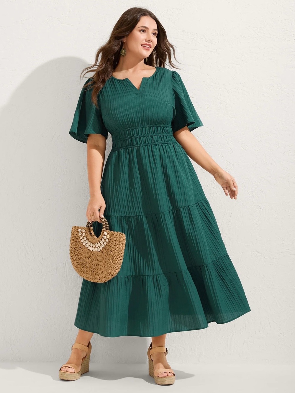 Brand New BloomChic Dark Teal Textured Shirred Cinched Waist Maxi Dress